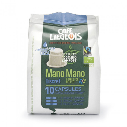 Nespresso® koneisiin sopivat kofeiinittomat kahvikapselit Café Liégeois "Mano Mano Discret Deca", 10 kpl.