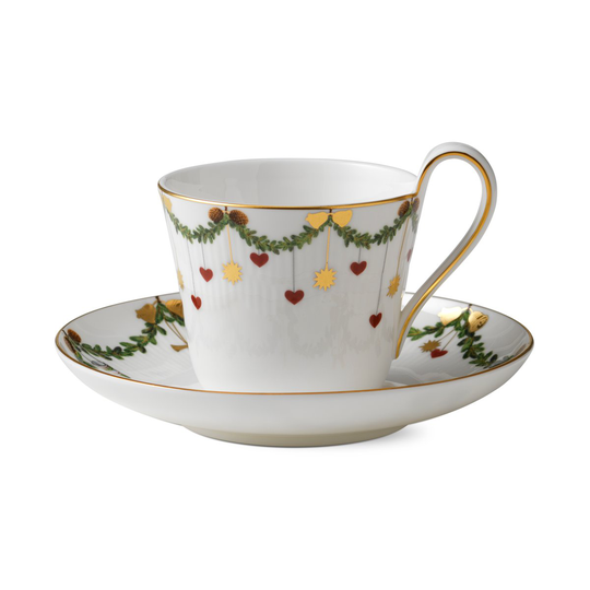 Royal Copenhagen Star Fluted Christmas kuppi ja aluslautanen 24 cl - korkea korva