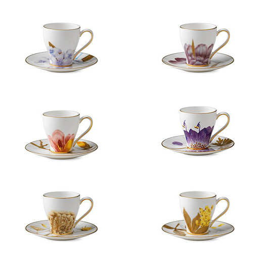 Royal Copenhagen Flora espressokuppi aluslautasella, 6-pakkaus 10 cl