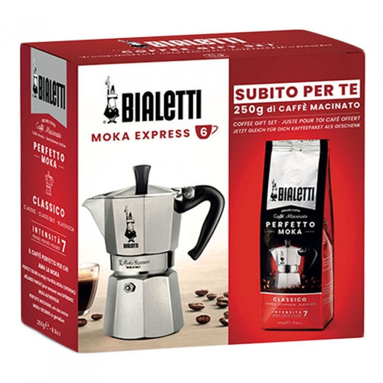 Lahjapaketti Bialetti "Moka Express 6 cups Silver + Perfetto Moka Classico, 250 g"