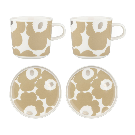 Marimekko Unikko kuppi lautasella 20 cl 2-pakkaus Beige-valkoinen