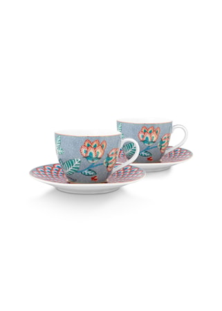 Flower Festival Espressokuppi 12 cl aluslautasella 4 osaa Light Blue